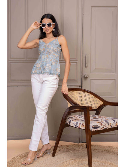 Blue Printed Sleeveless Top