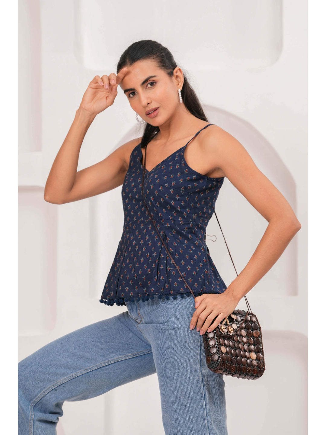 Navy Blue Printed Sleeveless Top