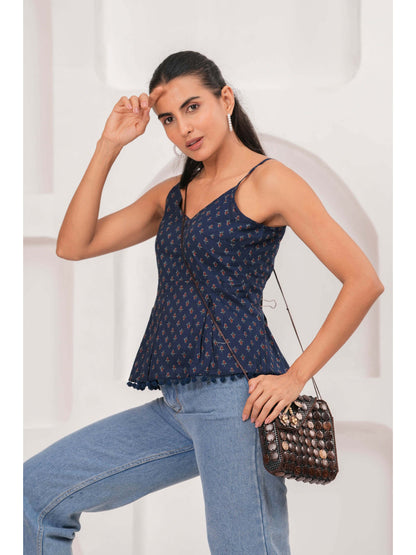 Navy Blue Printed Sleeveless Top