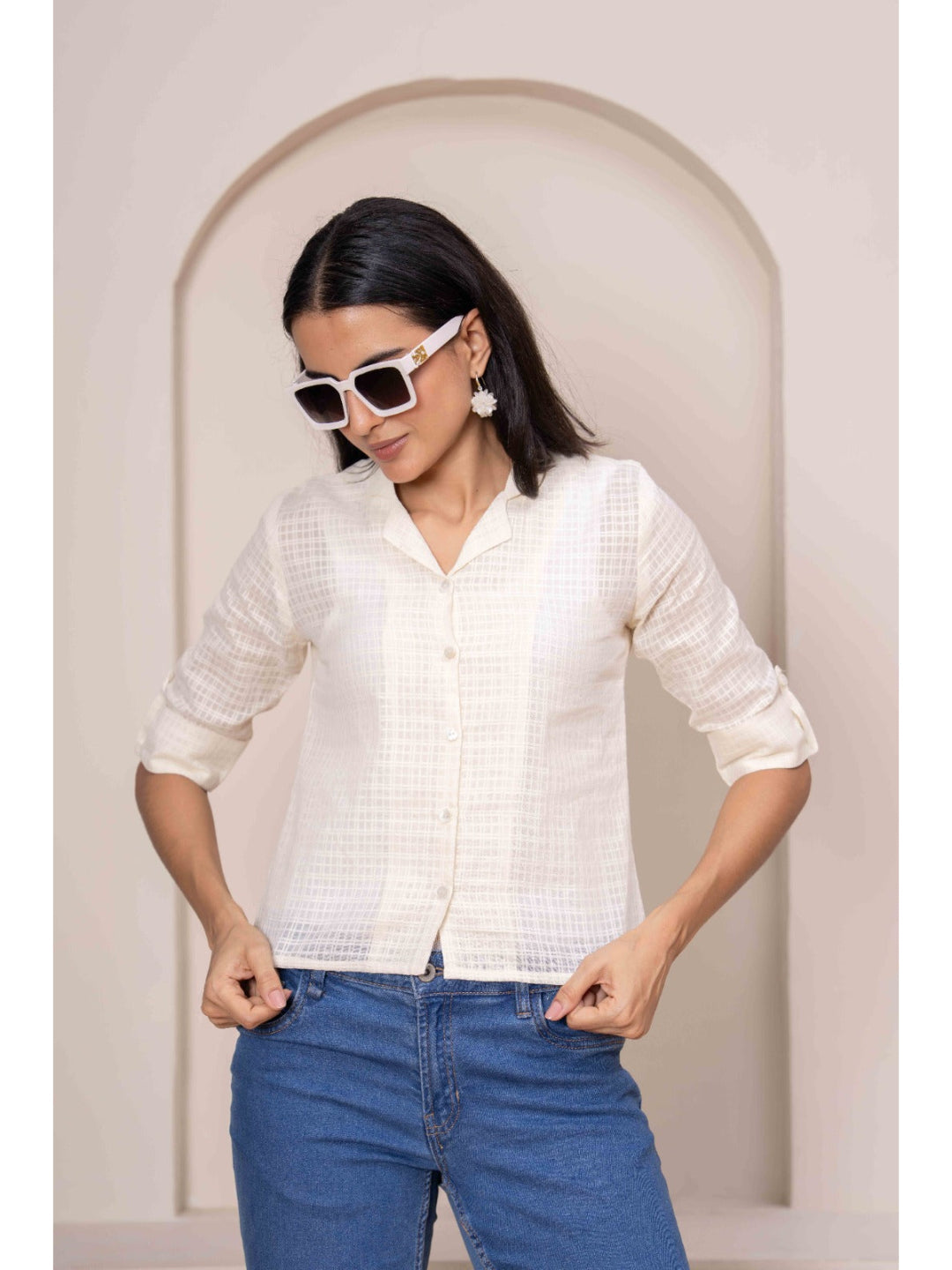 Cream Printed Straight Crop Top