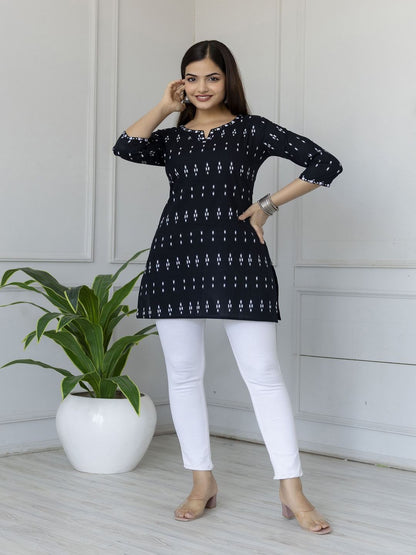 Black Straight Tunic With Embroidered Neck