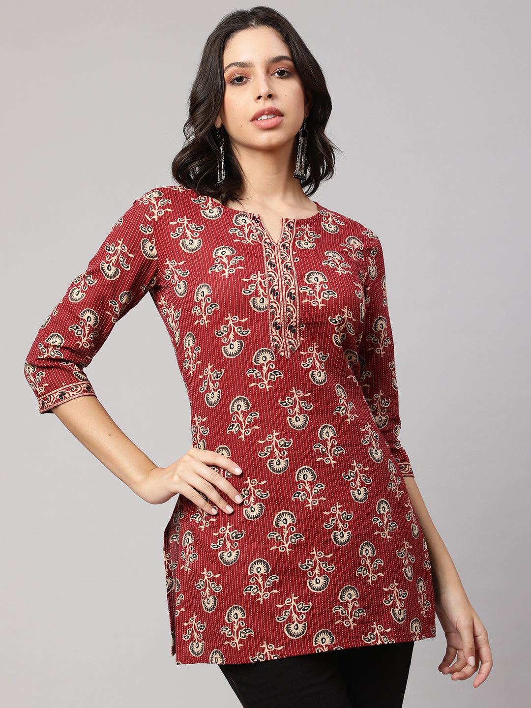 Maroon Straight Tunic With Three Quarter Sleeves