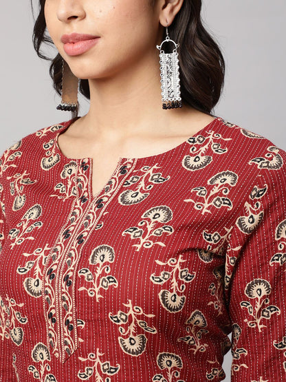 Maroon Straight Tunic With Three Quarter Sleeves