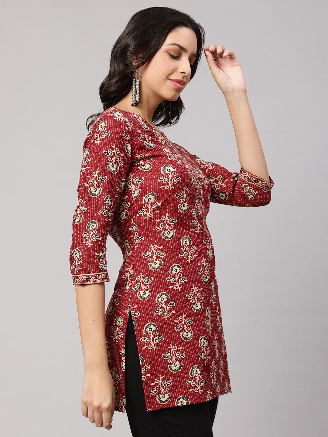Maroon Straight Tunic With Three Quarter Sleeves