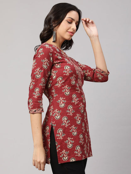 Maroon Straight Tunic With Three Quarter Sleeves