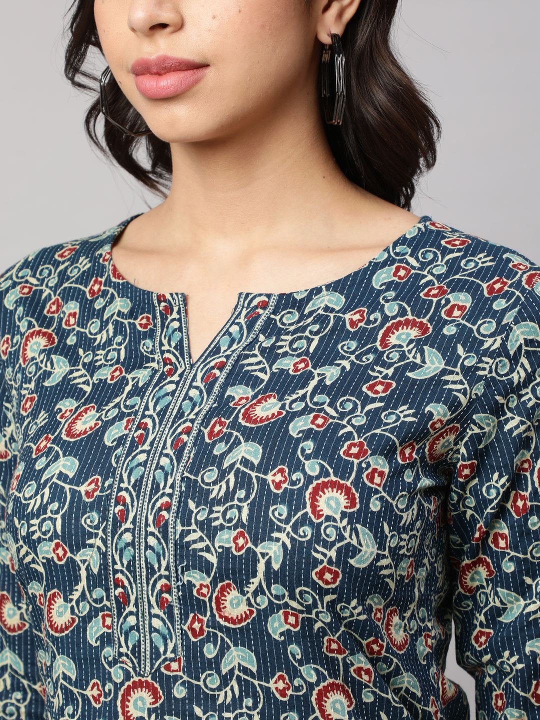 Blue Straight Tunic With Three Quarter Sleeves