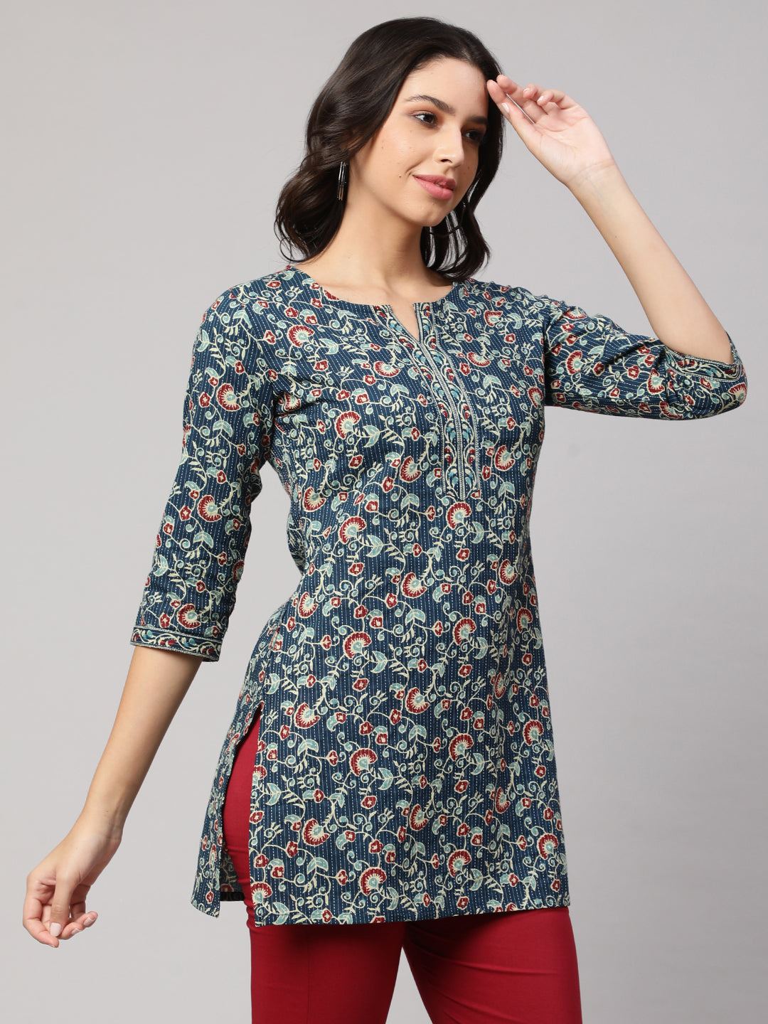 Blue Straight Tunic With Three Quarter Sleeves