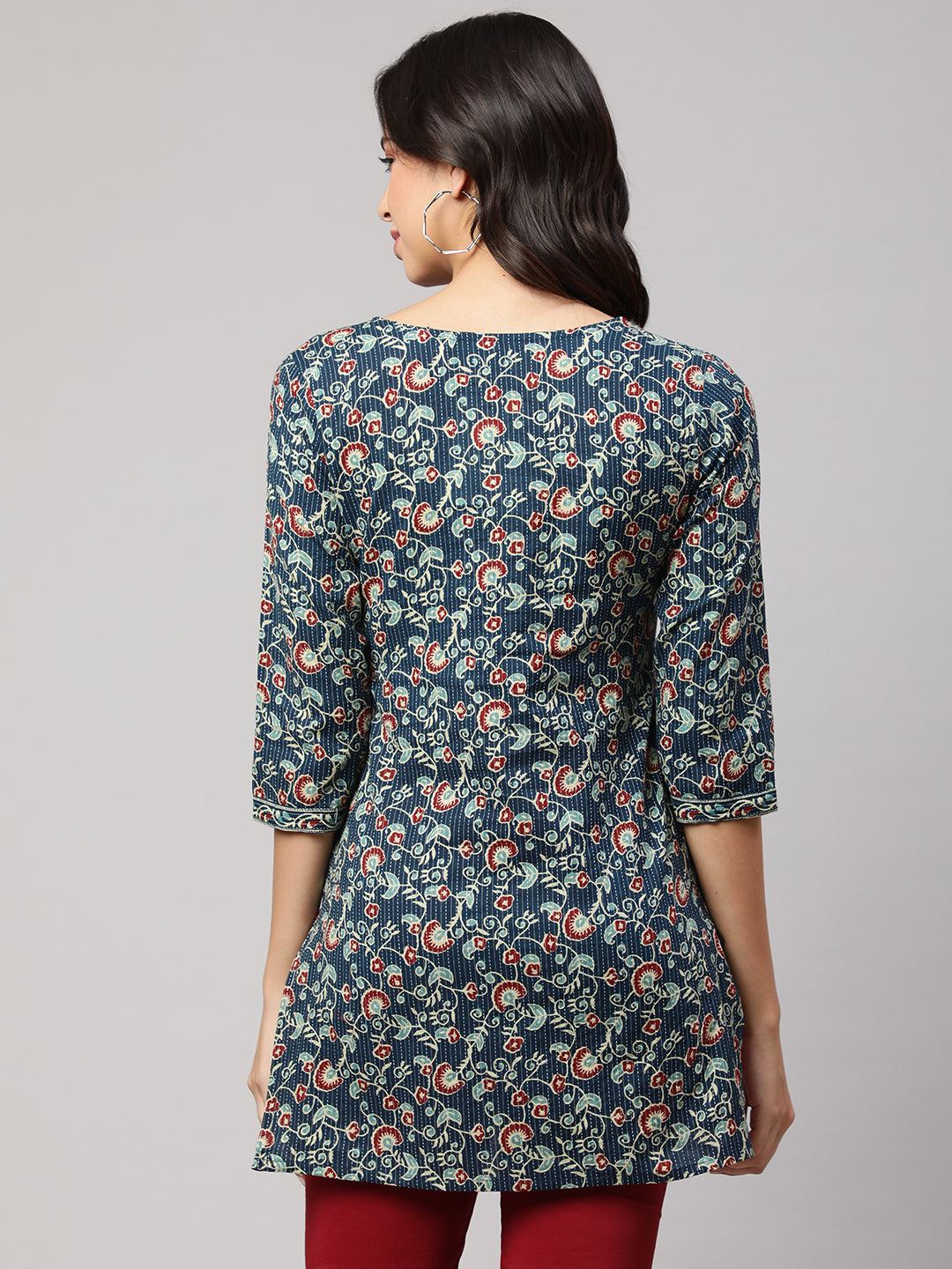 Blue Straight Tunic With Three Quarter Sleeves