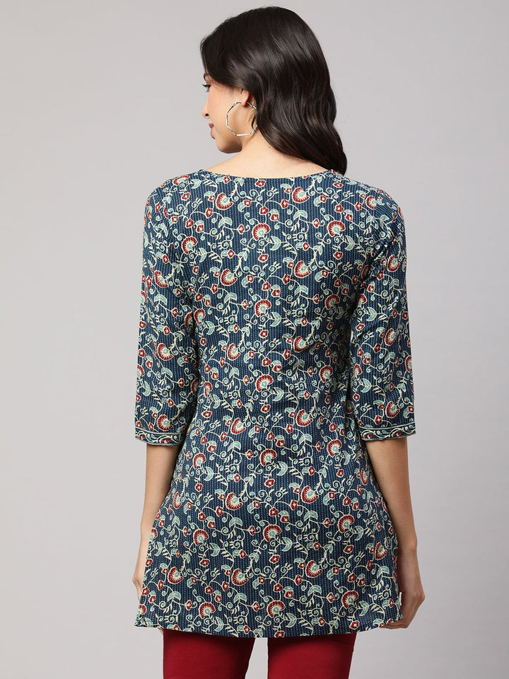 Blue Straight Tunic With Three Quarter Sleeves