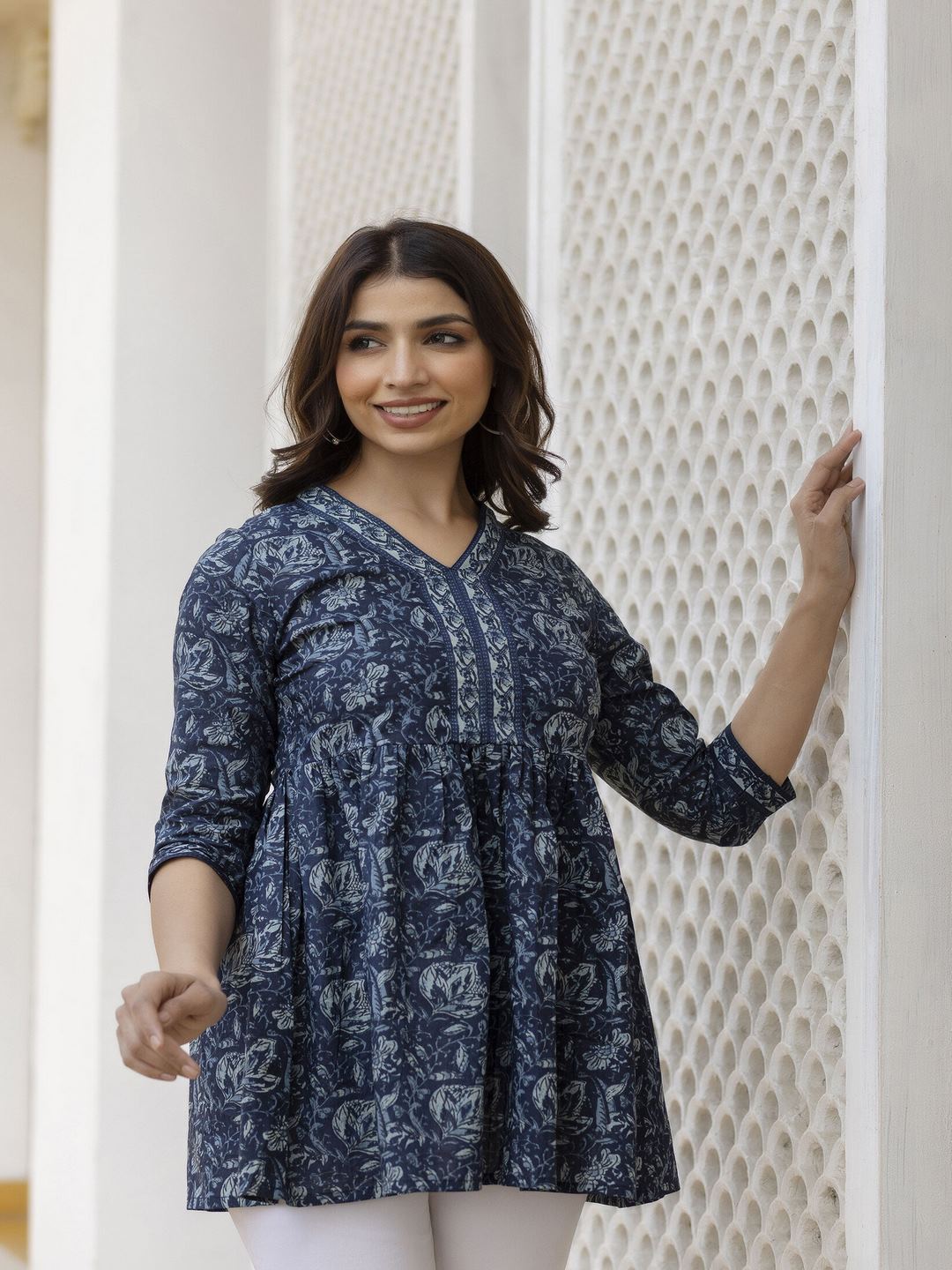 Navy Blue Floral Printed Peplum Tunic