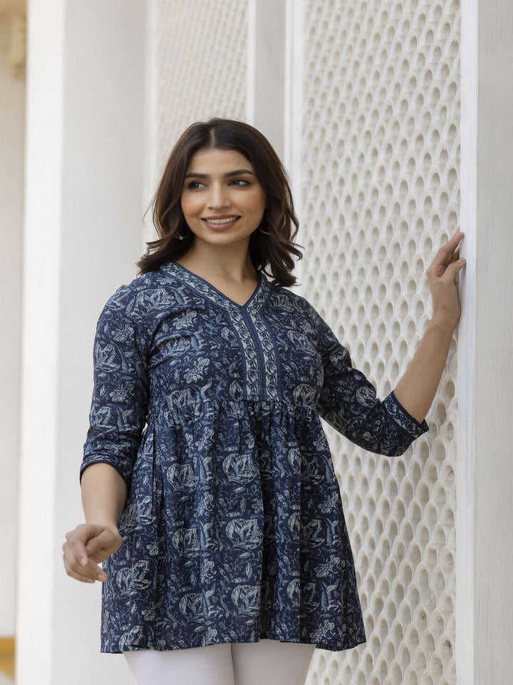 Navy Blue Floral Printed Peplum Tunic