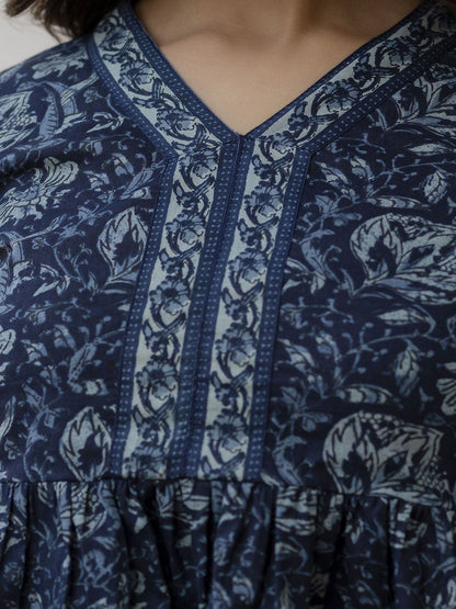 Navy Blue Floral Printed Peplum Tunic