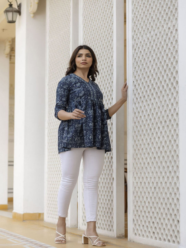 Navy Blue Floral Printed Peplum Tunic