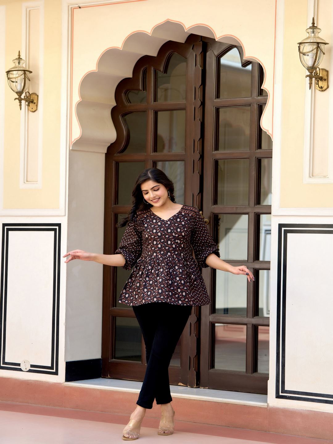 Black Printed V-Neck Peplum Tunic