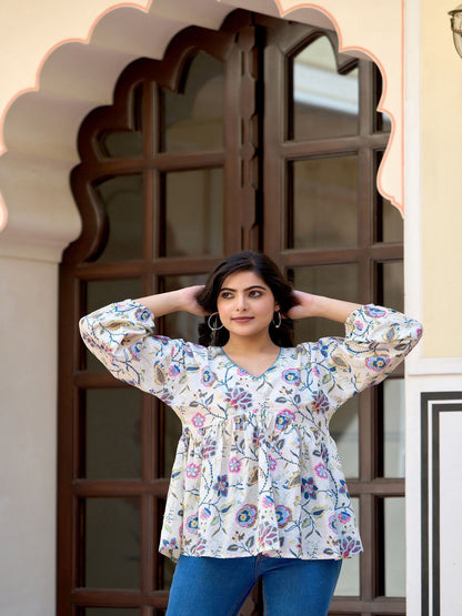 Off-White Printed V-Neck Peplum Tunic