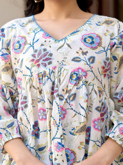 Off-White Printed V-Neck Peplum Tunic