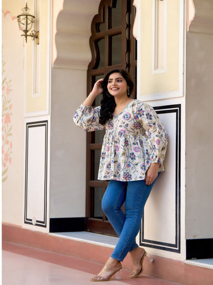 Off-White Printed V-Neck Peplum Tunic