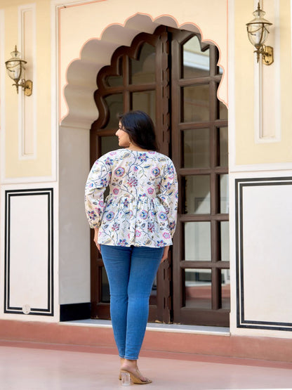 Off-White Printed V-Neck Peplum Tunic