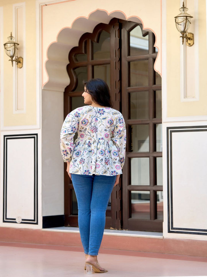 Off-White Printed V-Neck Peplum Tunic