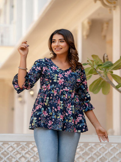 Navy Blue Peplum V- Neck Tunic