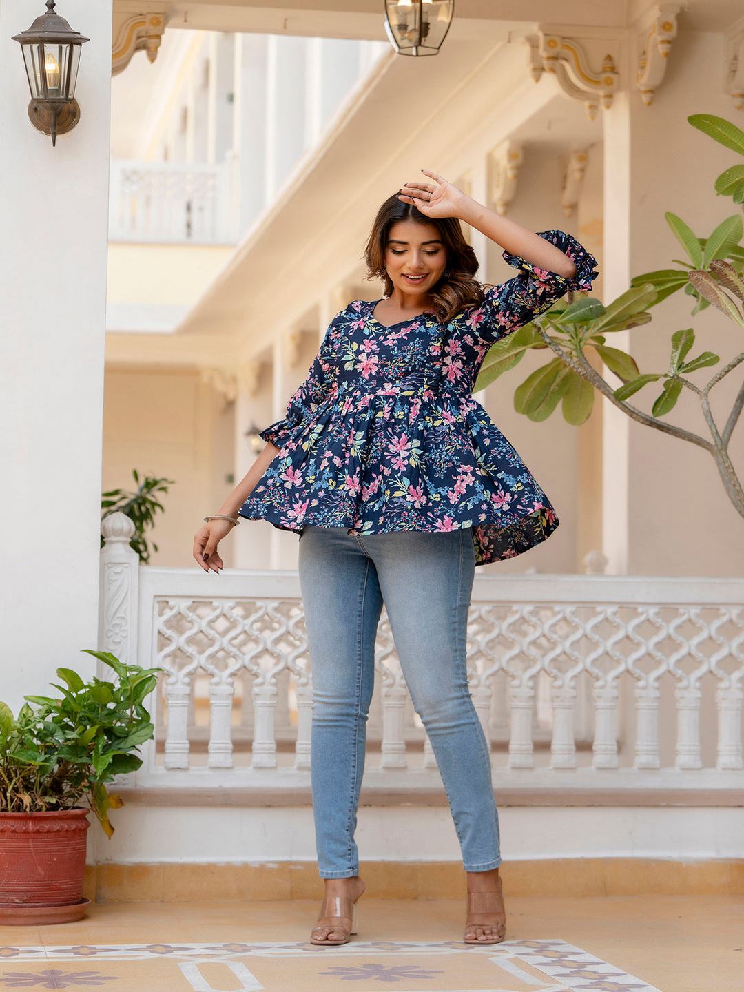 Navy Blue Peplum V- Neck Tunic