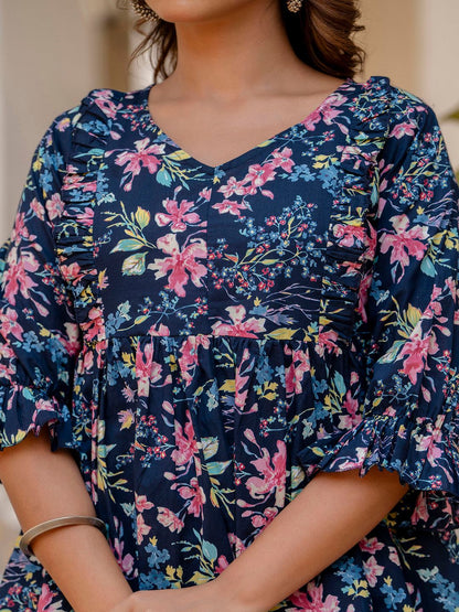 Navy Blue Peplum V- Neck Tunic