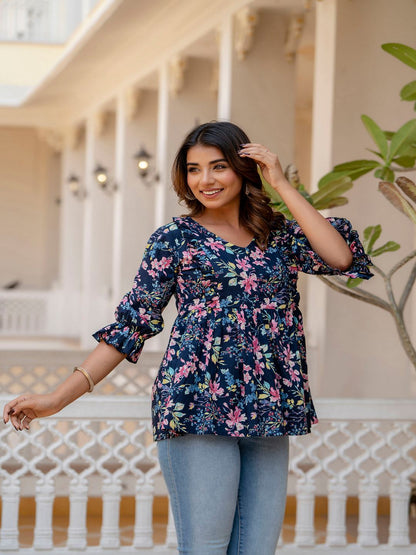 Navy Blue Peplum V- Neck Tunic