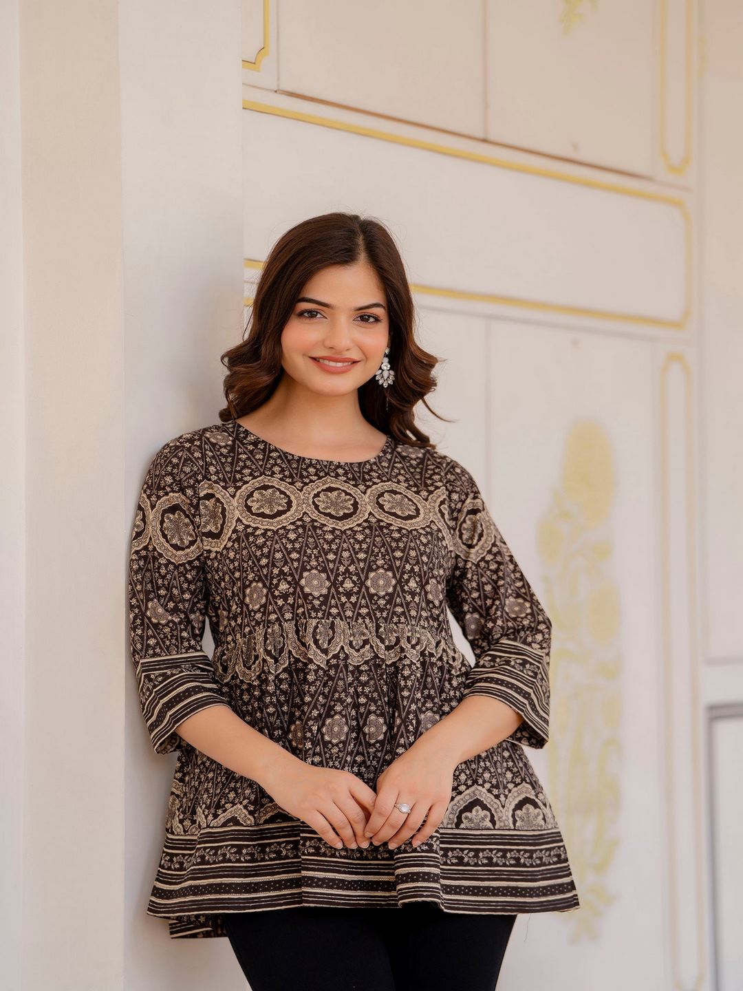 Brown Printed Peplum Tunic