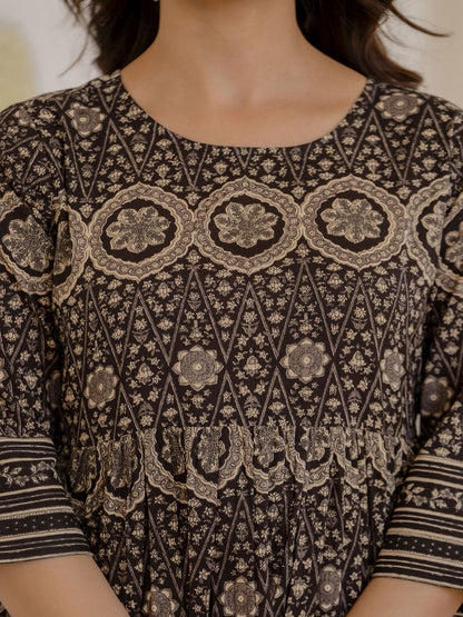 Brown Printed Peplum Tunic