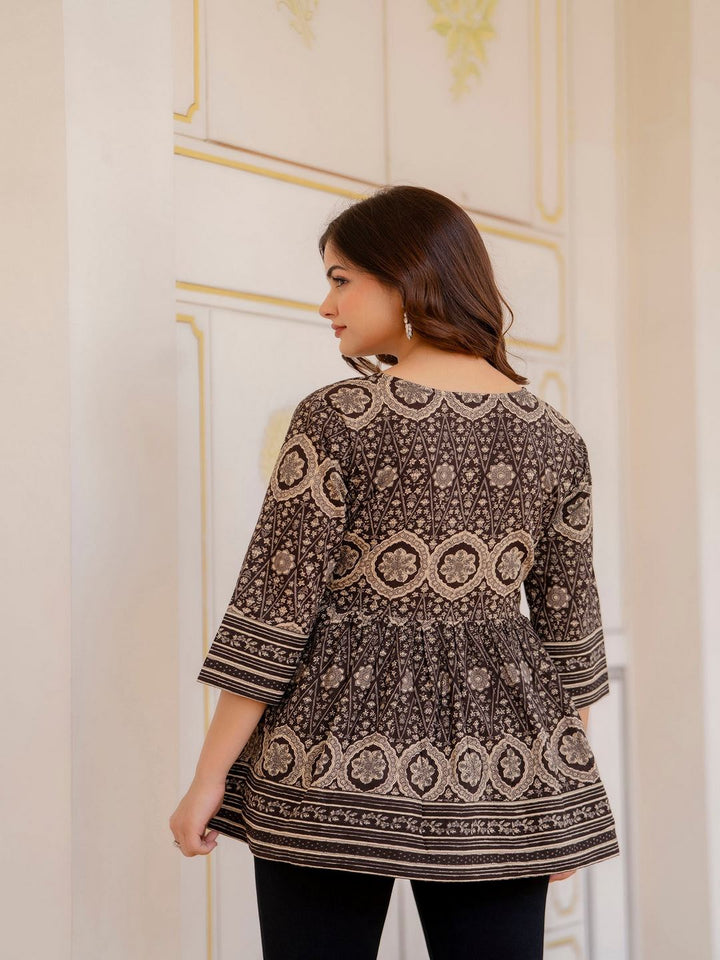 Brown Printed Peplum Tunic