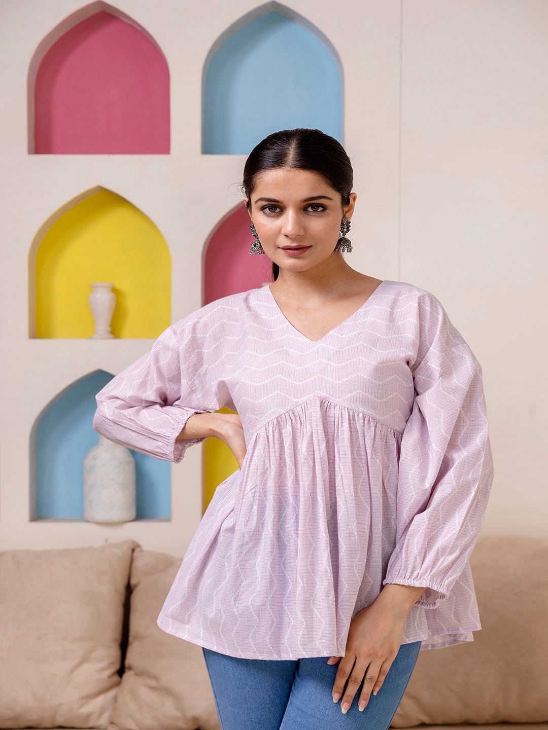 Pink Zig Zag Print V-Neck Peplum Tunic