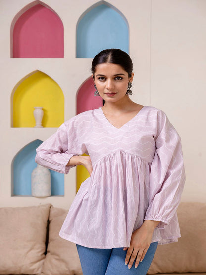 Pink Zig Zag Print V-Neck Peplum Tunic