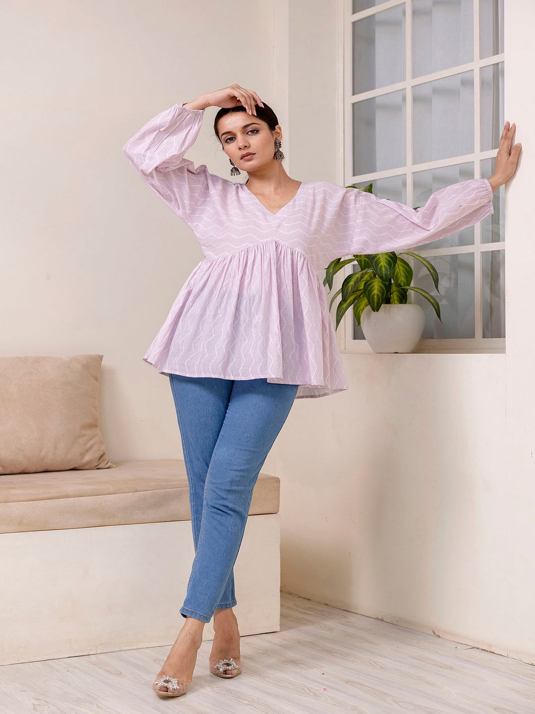 Pink Zig Zag Print V-Neck Peplum Tunic