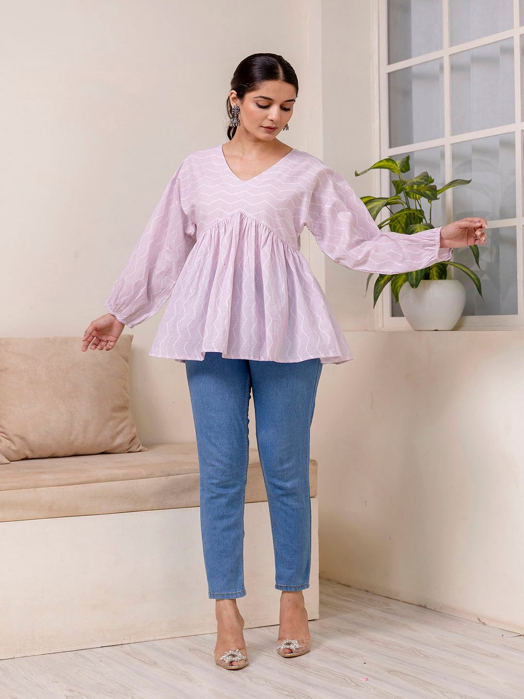 Pink Zig Zag Print V-Neck Peplum Tunic