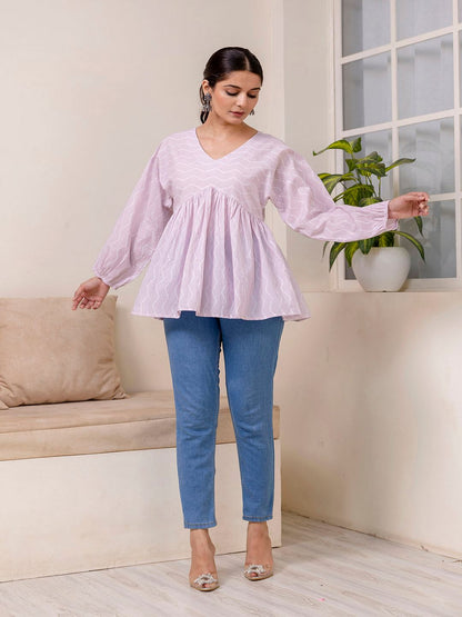 Pink Zig Zag Print V-Neck Peplum Tunic