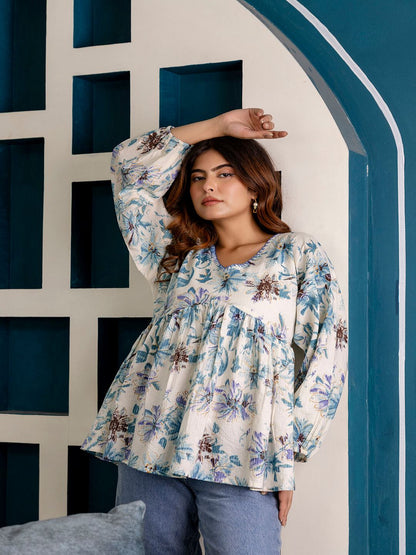 Off-White Printed V-Neck Peplum Tunic