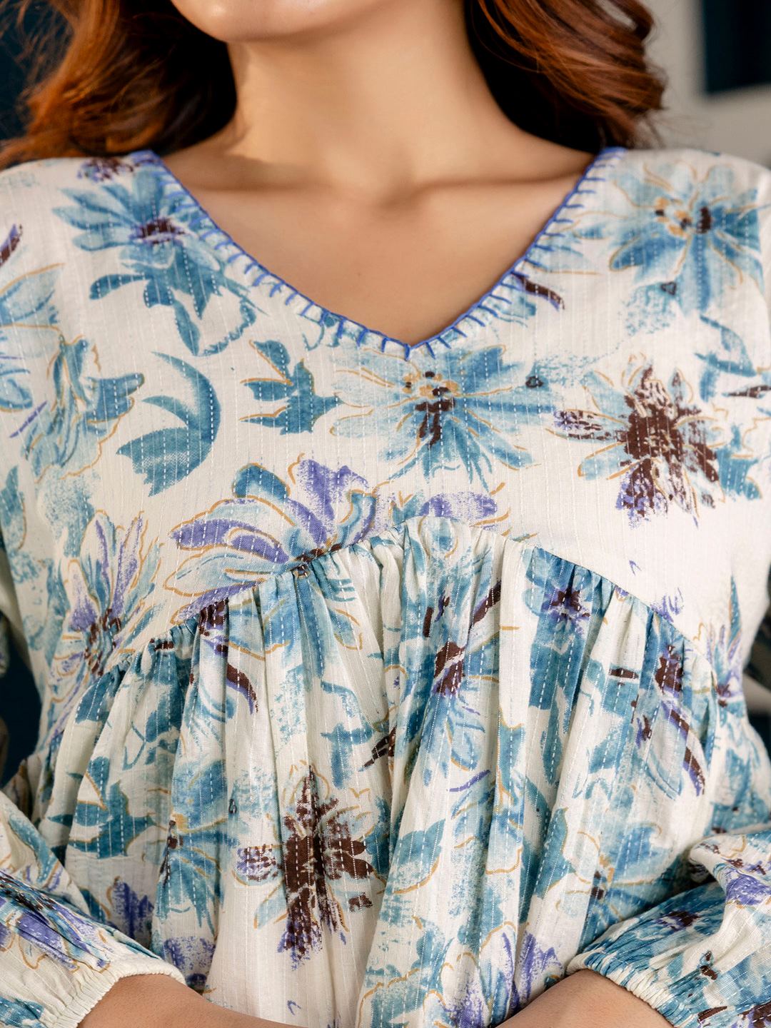 Off-White Printed V-Neck Peplum Tunic