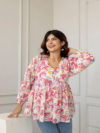 Pink And Off-White Printed V-Neck Peplum Tunic