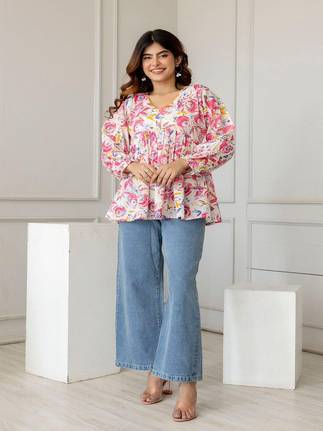 Pink And Off-White Printed V-Neck Peplum Tunic