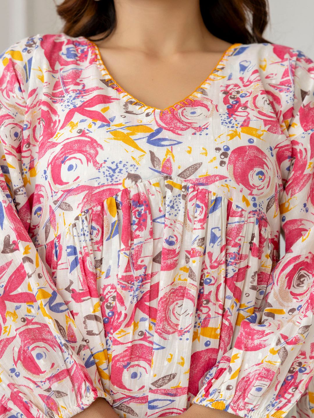 Pink And Off-White Printed V-Neck Peplum Tunic