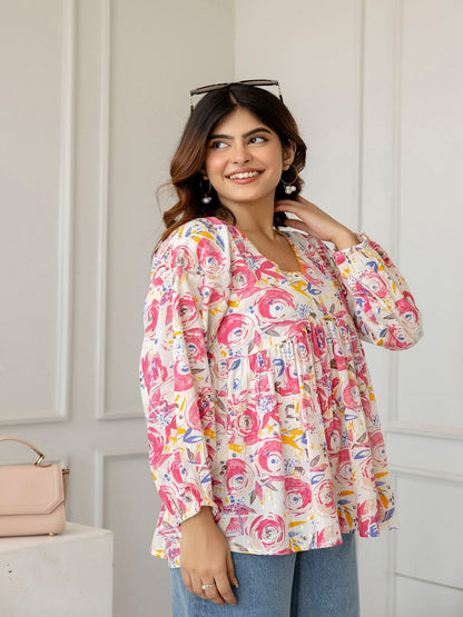 Pink And Off-White Printed V-Neck Peplum Tunic