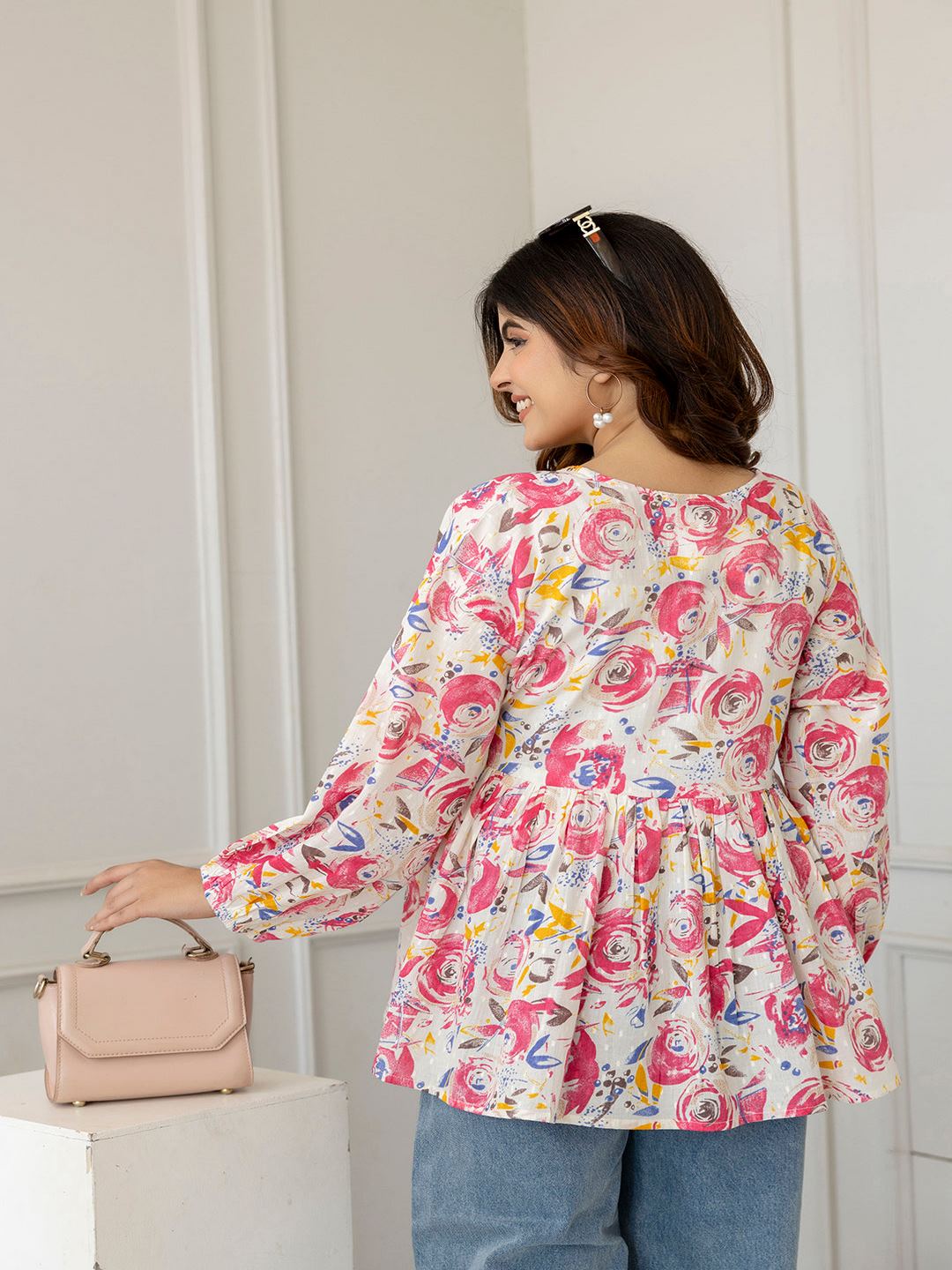 Pink And Off-White Printed V-Neck Peplum Tunic