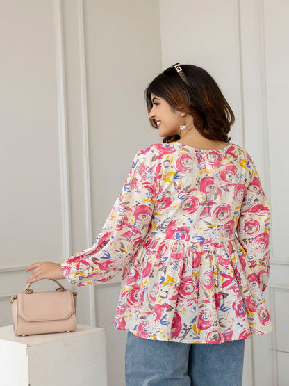 Pink And Off-White Printed V-Neck Peplum Tunic