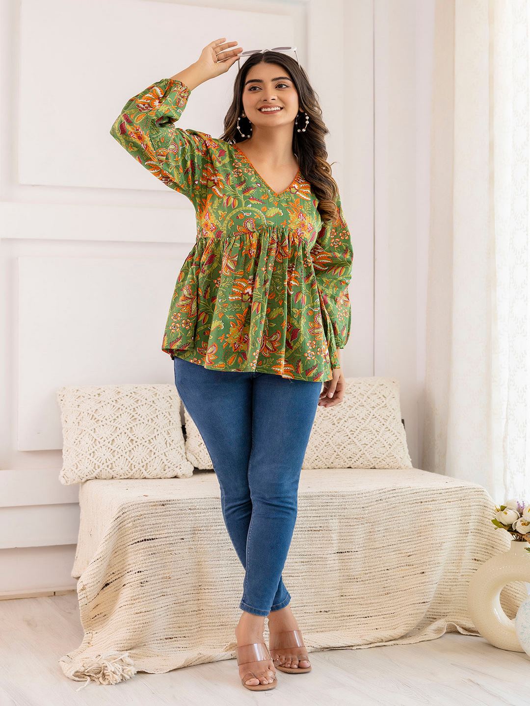 Green Printed V-Neck Peplum Tunic
