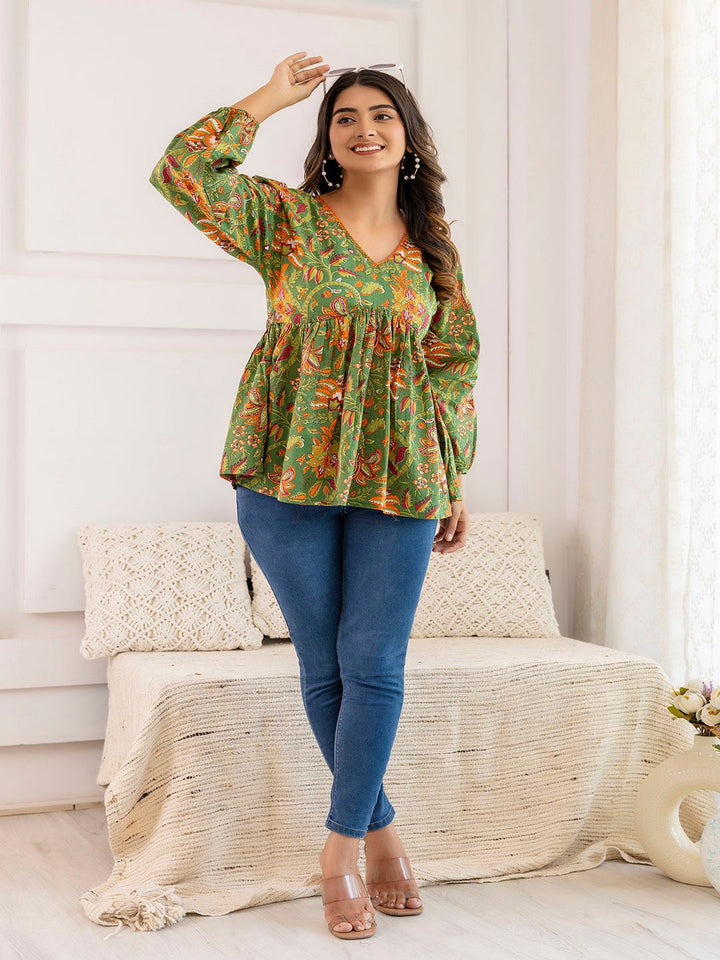 Green Printed V-Neck Peplum Tunic