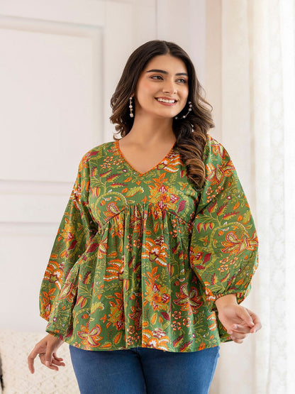 Green Printed V-Neck Peplum Tunic