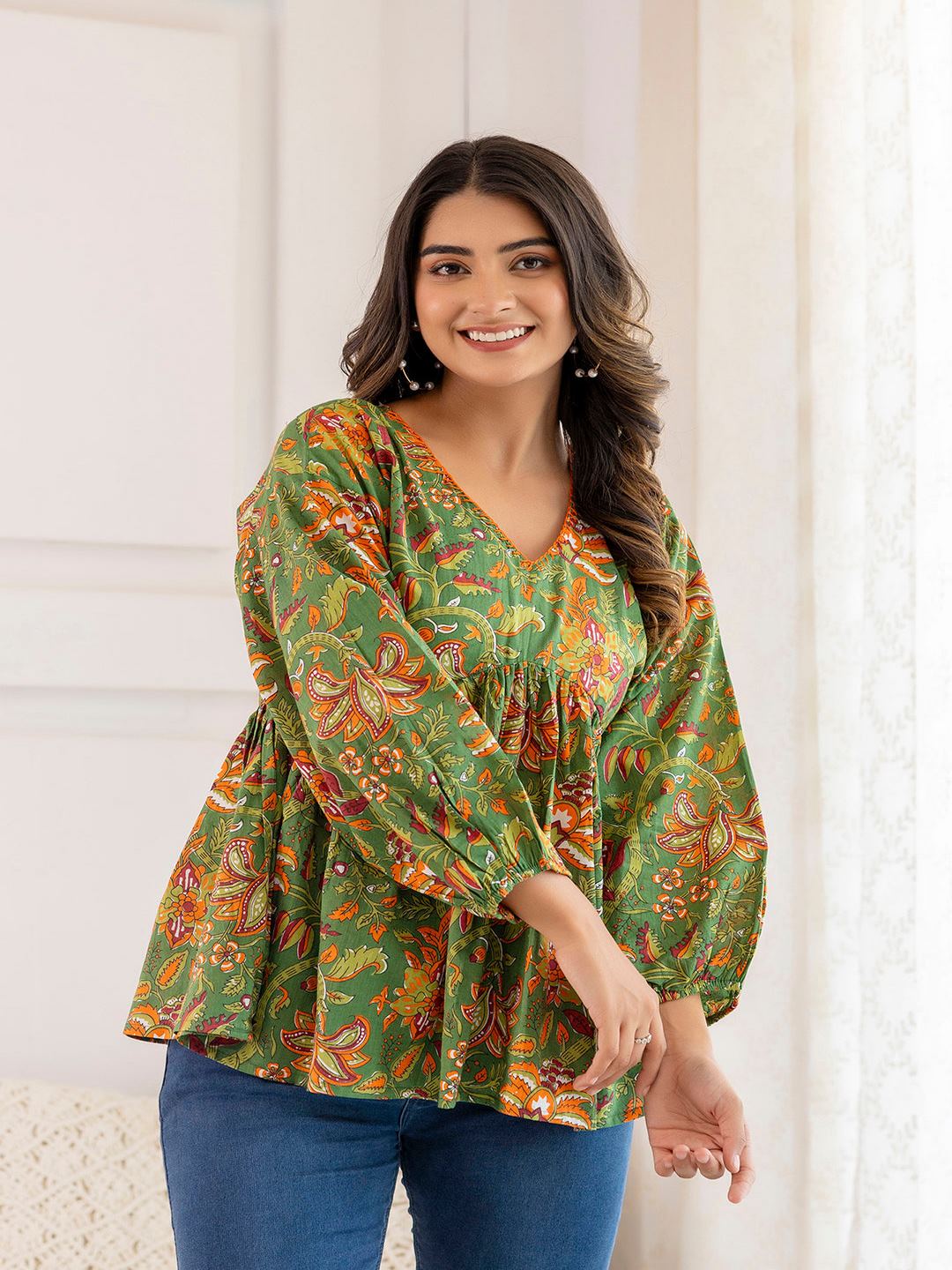 Green Printed V-Neck Peplum Tunic