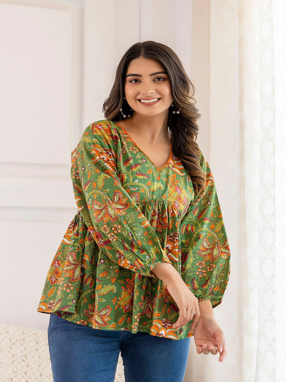 Green Printed V-Neck Peplum Tunic