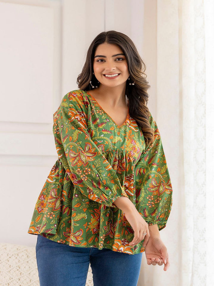 Green Printed V-Neck Peplum Tunic