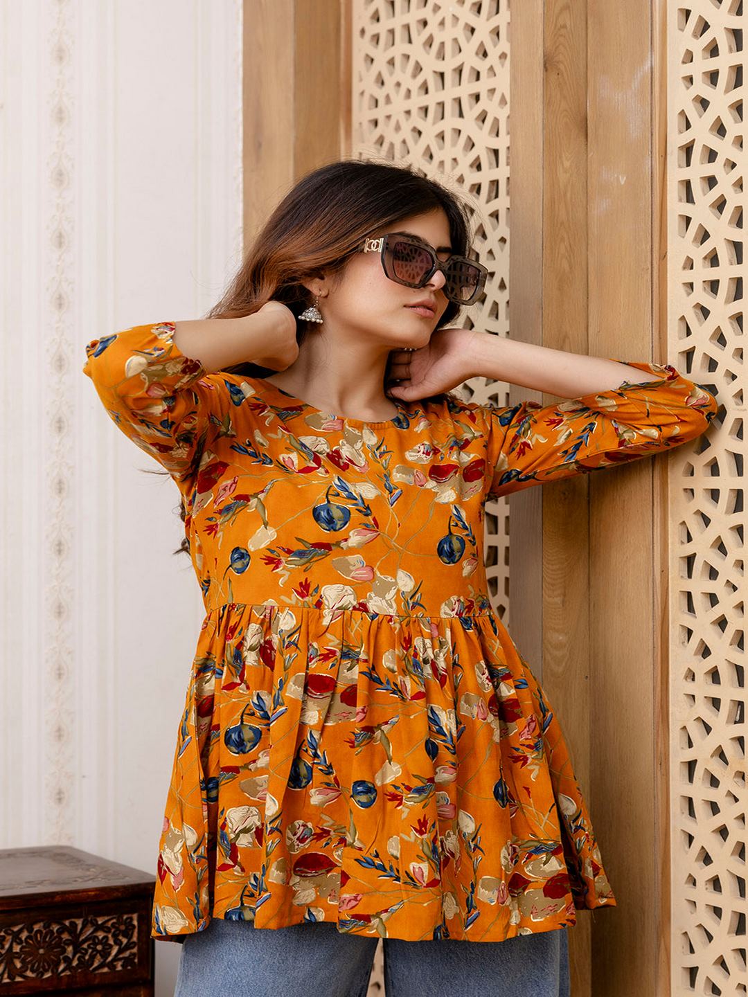 Mustard Printed V-Neck Peplum Tunic